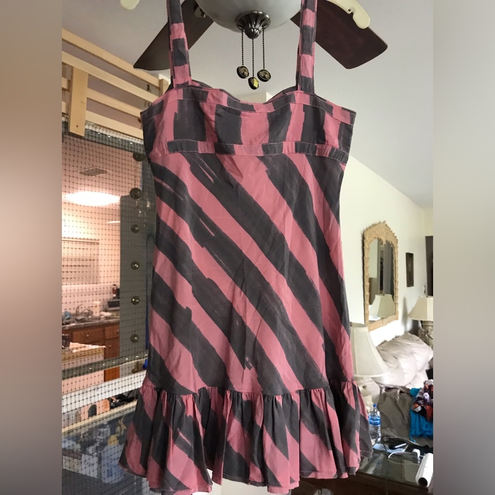 TWENTY8TWELVE by S Miller size 6 Pink Charcoal Diagonal Stripe Ruffle Hem Dress